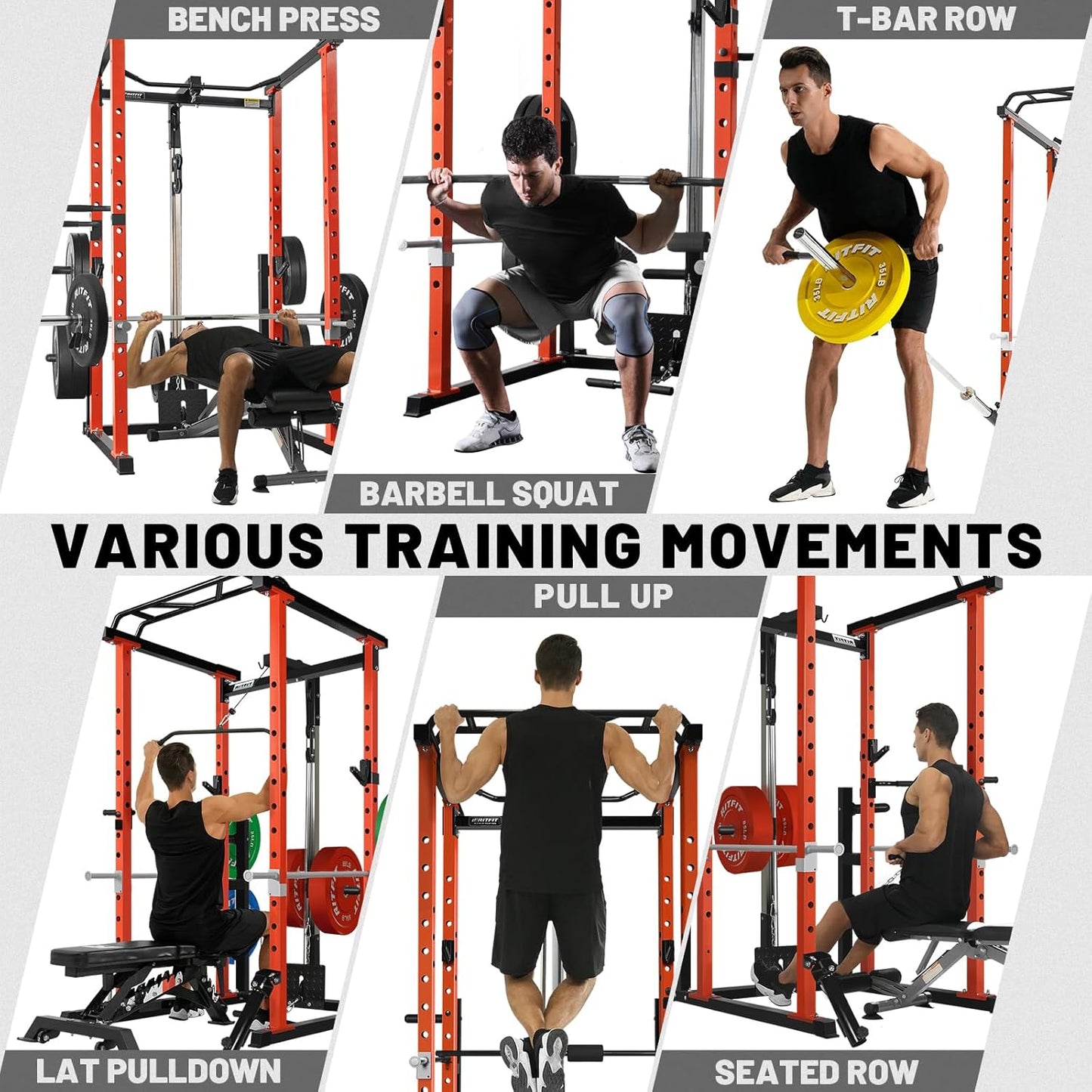 Squat Rack Power Cage Home Gym Package, Includes 1000LBS Power Rack with LAT Pull Down, Weight Bench, Rubber/Bumper Plates Set with Olympic Barbell (Package 1.2K (Rubber Plate 140Lbs))-Orange