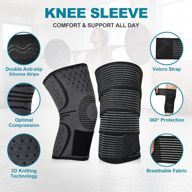 Arthritis Adjustable Compression Knee Support Sleeve with Extra Elastic Strap for Custom Fit & Enhanced Stability Breathable Black 2-In-1 Dual Support Pack