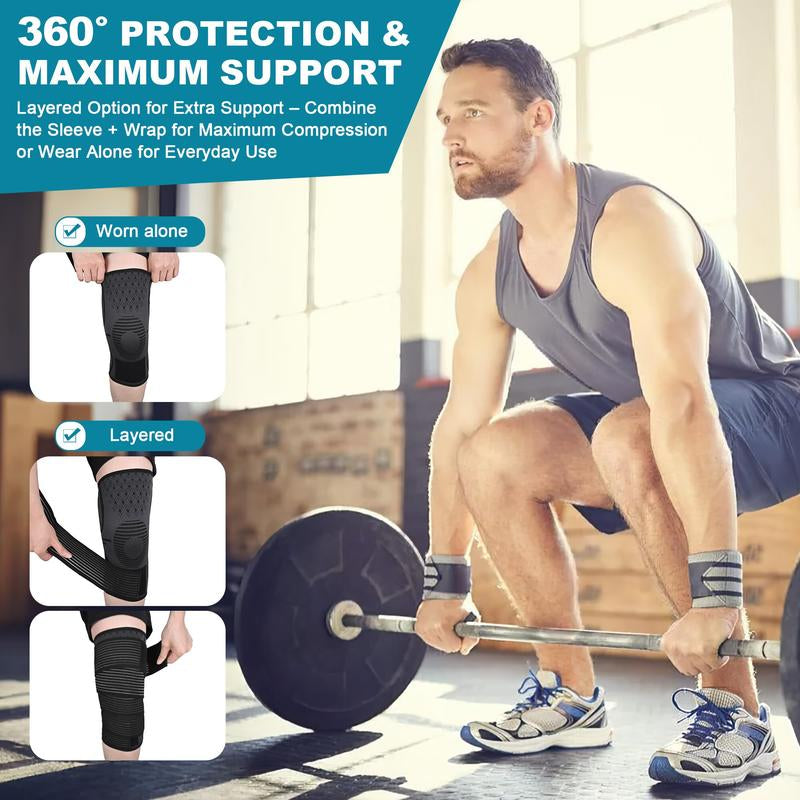 Arthritis Adjustable Compression Knee Support Sleeve with Extra Elastic Strap for Custom Fit & Enhanced Stability Breathable Black 2-In-1 Dual Support Pack