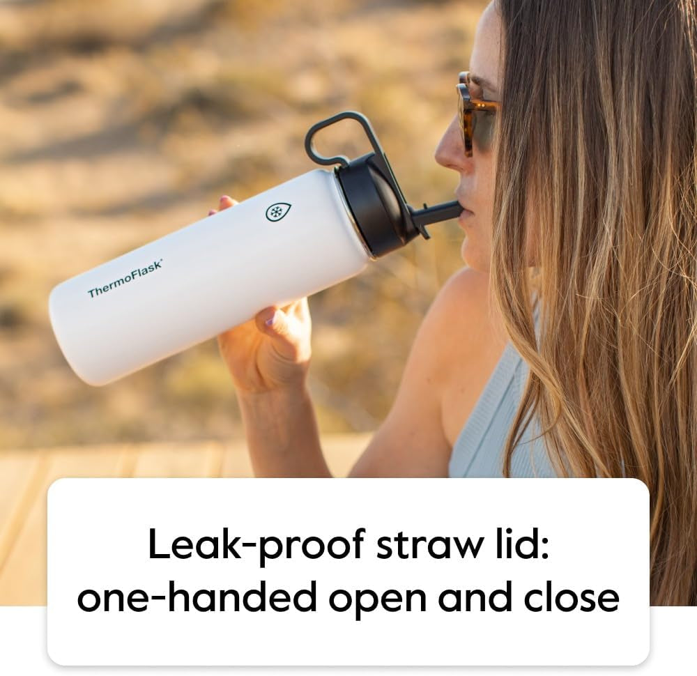 18 Oz Double Wall Vacuum Insulated Stainless Steel Water Bottle with Spout and Straw Lids, White