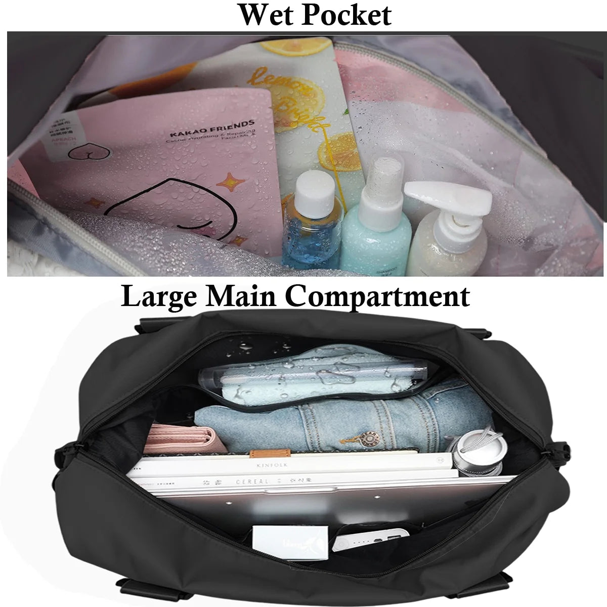 37L Waterproof Duffle Bag for Women, Tear-Resistant Gym Travel Bag with Adjustable Shoulder Strap & Trolley Sleeve, Airline Approved Carry-On Weekender Bag with Wet/Dry Pocket, Black