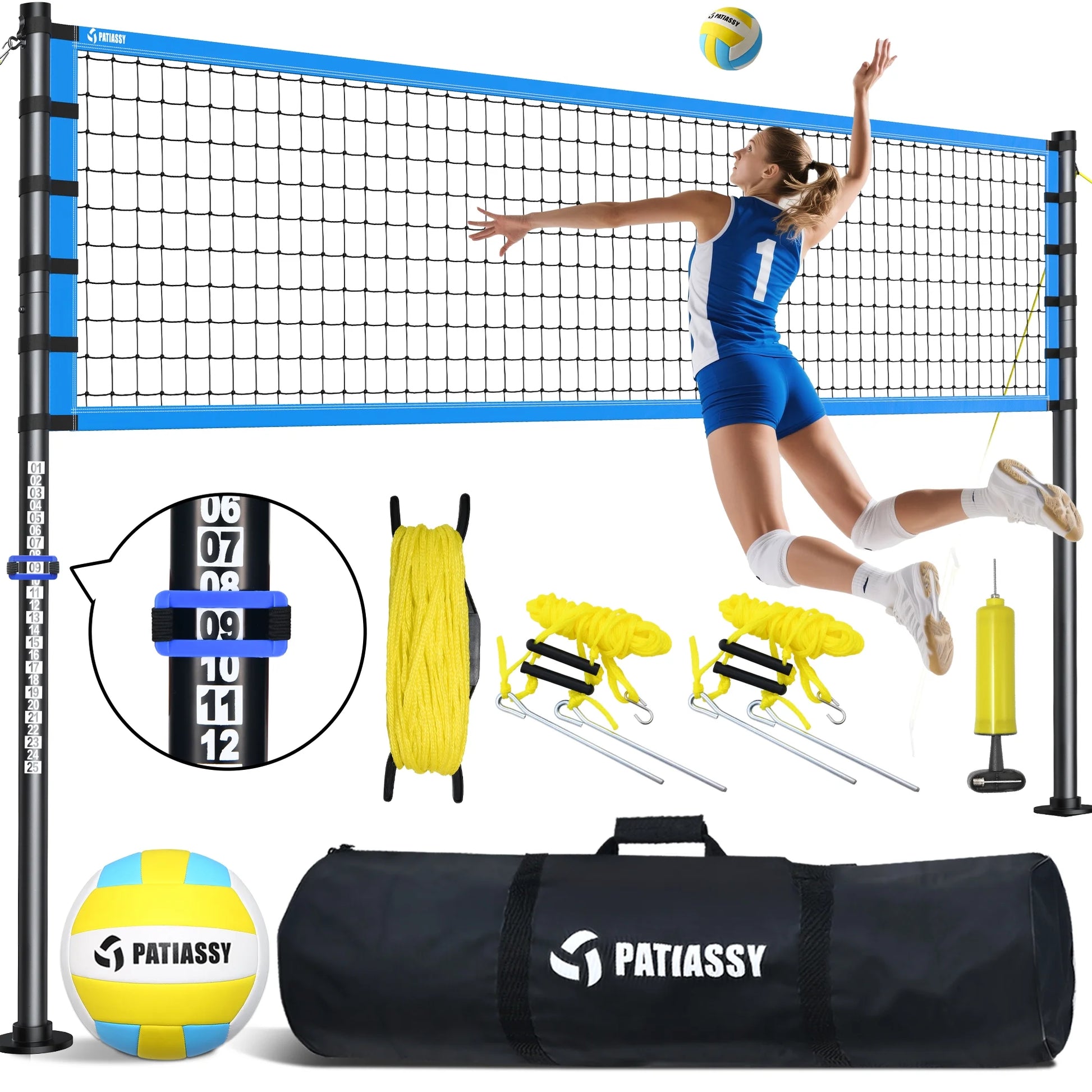 32FT Outdoor Portable Volleyball Net Set System for Backyard - Quick & Easy Setup Adjustable Height Steel Poles, PU Volleyball, Pump and Carrying Bag